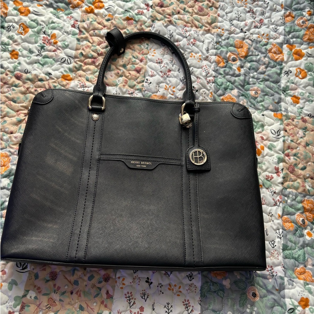 Henri Bendel W57th Black Leather Briefcase Laptop Bag, pre owned